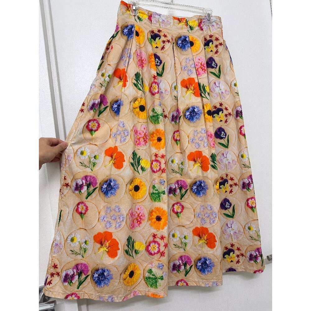 Rachel Antonoff Vinita Pleated Midi Skirt Loria's Cookies Floral Beige Dots 6 - Picture 5 of 10